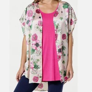 Hue 2 piece PINK FLORAL Printed Ruana JACKET & Tank TOP SHIRT Set SZ L